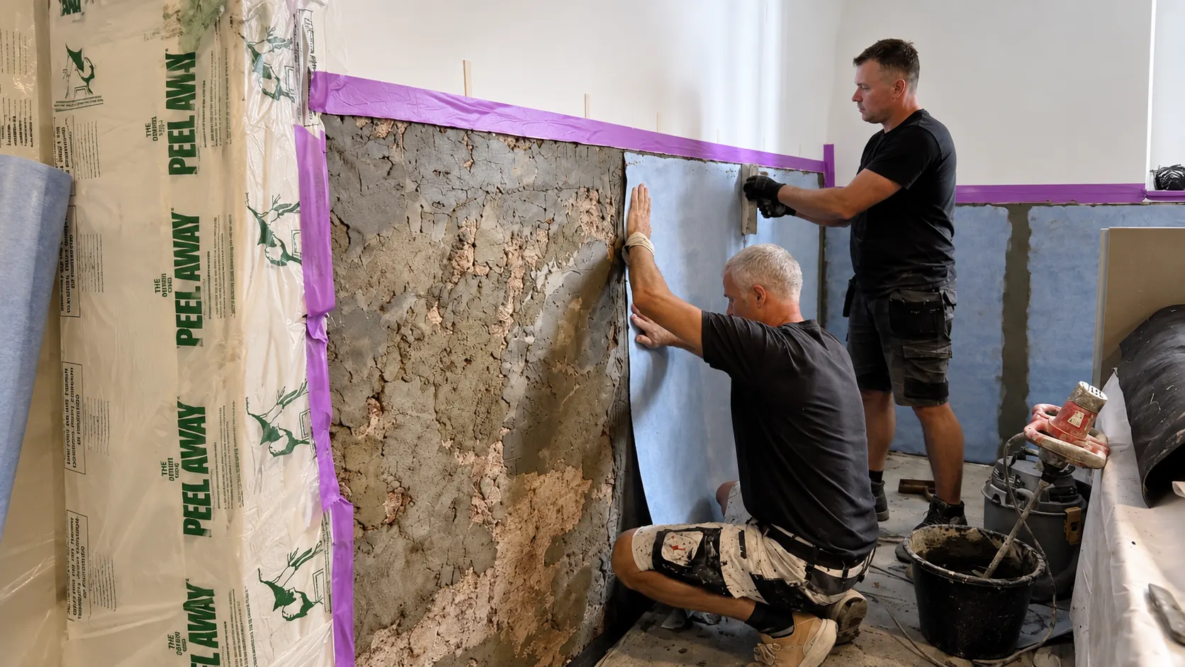 Waterproofing membrane being fitted to a stripped internal wall