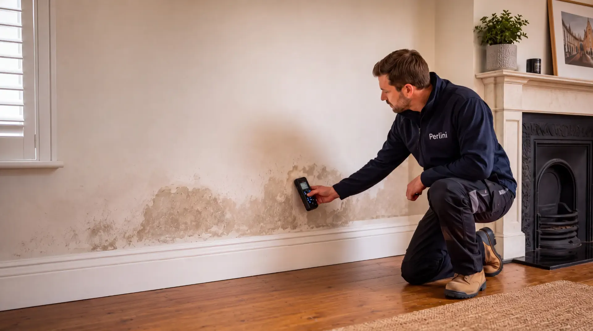 Damp survey in a London home: moisture meter readings taken along a stained wall